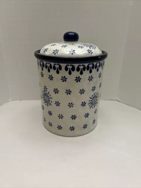 American Atelier 8” Canister Blue And White With Lid Dimpled