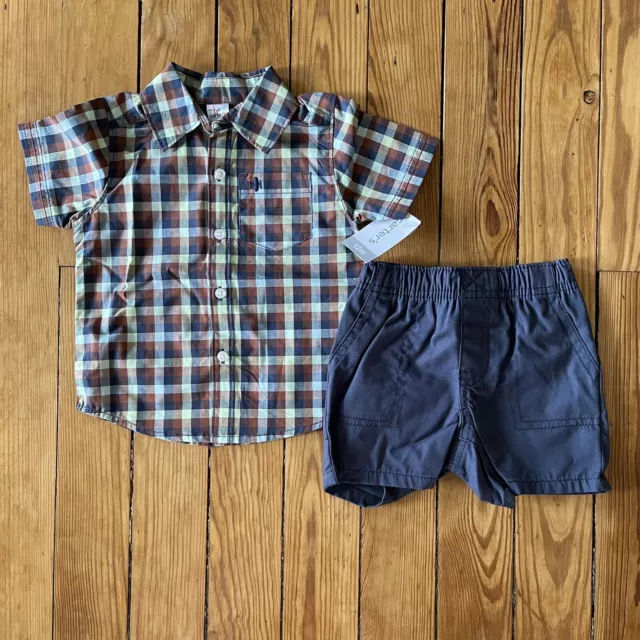 Carters Infant & Toddler Boys Blue Plaid Button Up Shirt & Shorts Outfit Sz 12M