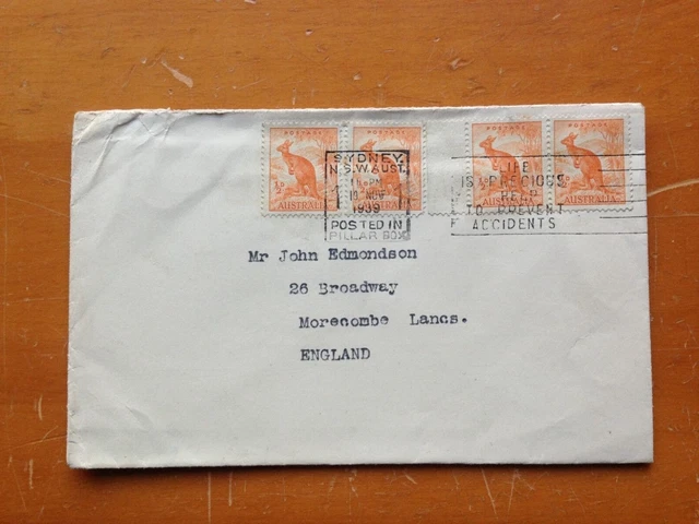 1939 AUSTRALIA 4 1/2d KANGAROOS MACHINE SLOGAN ACCIEDENTS CANCEL SYDNEY COVER
