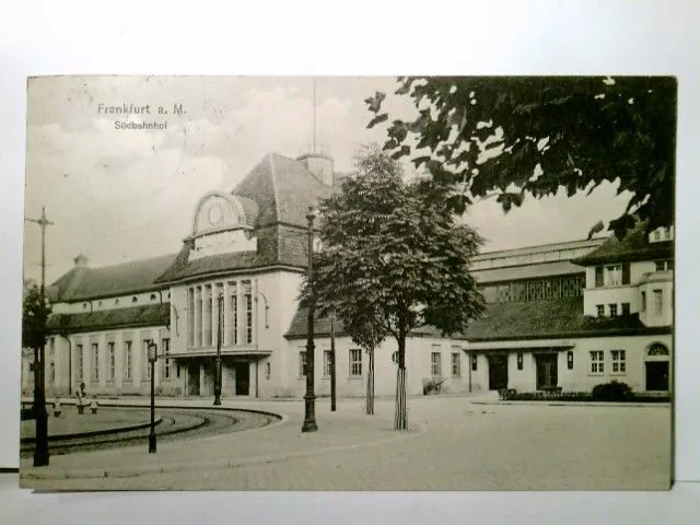 Frankfurt am Main. Der Südbahnhof. Alte AK s/w. gel. 1914. Straßenpartie, Gebäud