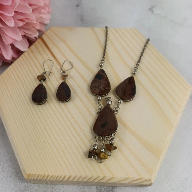 Brown Stone Tigers Eye Pendant Necklace Earrings Set Boho Vintage Teardrop