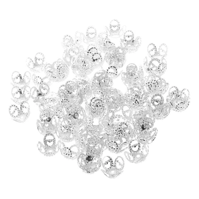 2X(100 Piezas Gorras de cuenta de filigrana de 4 hojas de plata Ajuste perlas 4)
