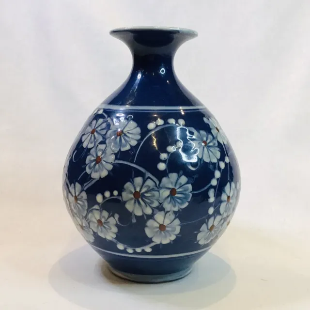 Vintage Earthenware KAHLER Blue & White Flower 1930’s SCANDI Danish Bulbous Vase