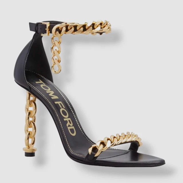 $2390 Tom Ford Women Black Chain Ankle-Strap Sculptural-Heel Shoe Sz US 7/EU 37