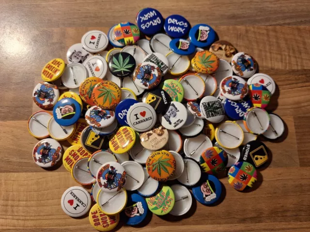 Job Lot 110 New Fun Drugs Badges Clearance 110 Asst. Fun Rude Badges 25mm