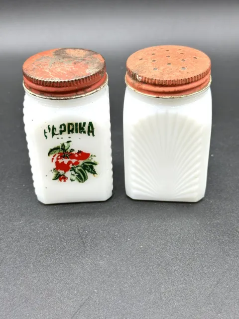 2 Rare Vintage Tipp City Milk Glass Shaker Cherry Jars Paprika And Blank 4in
