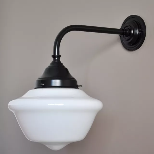 Magill-Exterior Wall Light Bracket-Matt Black-White Glass Schoolhouse Shade-Deco