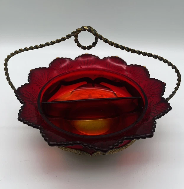 Antique Farber Bros Gold Ruby Red Amberina Divided Bowl With Holder 8” X 6.5”