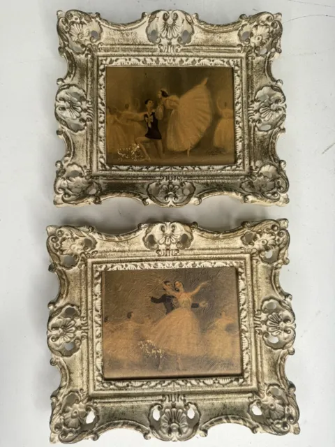 2 vintage 8 x 7 Dancing BALLERINA MCM Wall Art Prints Ornate Golf Frames BHM