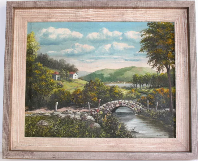 Antique Oil Painting Canvas Signed Albert American Artist Landscape River Lake