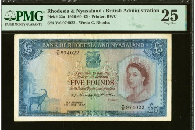 1960  Rhodesia & Nyasaland /British Administration 5 Pound Note  PMG VF 25