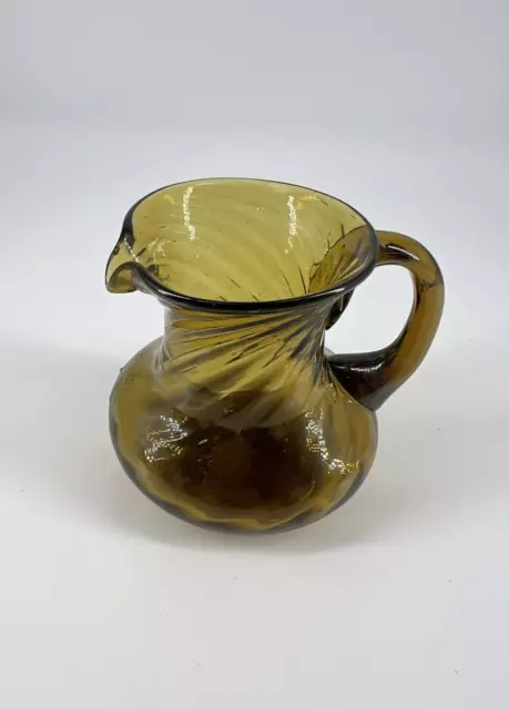 Vintage Handblown Swirled Small Amber Glass Handled Pitcher