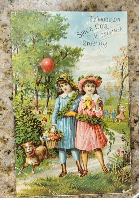 Victorian Trade Card Woolson Spice Midsummer Greeting Lion Coffee Toledo Ohio