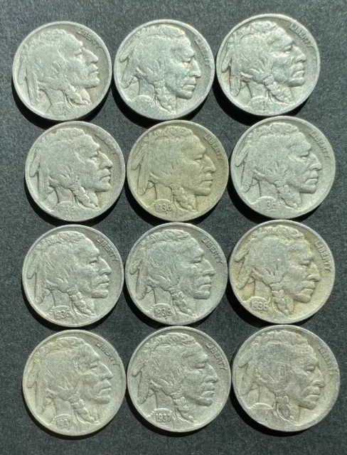 Lot of 12 Buffalo Nickels 1917 1927 1927 D 1936 1937 S circulated some partial