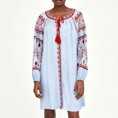 ZARA PALE BLUE Embroidered Voluminous 100% Cotton Midi Dress 4786/055 Uk Xl  Bnwt 39.00 - PicClick UK