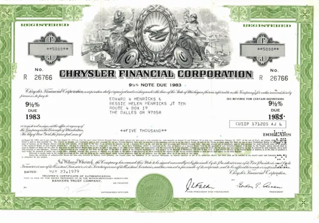 Chrysler Financial Corp - Original  (Note) Certificate - 1979 - R26766