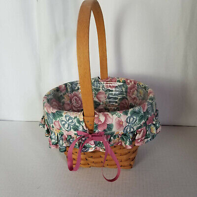 LONGABERGER - 1993 Mothers Day Basket - Floral Liner, Pink Ribbon, Plastic Liner