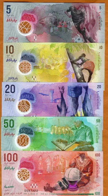 SET Maldives, 5-10-20-50-100 Rufiyaa, 2015-2017, P-A26-26-27-28-29 Polymer UNC