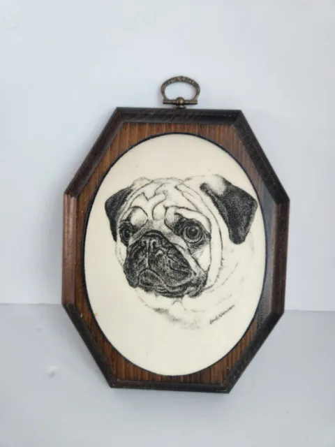 Pug Dog Vintage Wall Art Signed Earl Sherman Art Framed Wooden Protrait EUC
