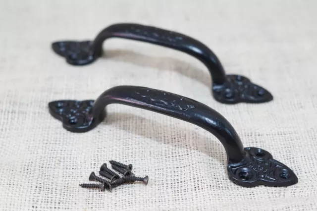 2 Large Cast Iron Antique Style Door Handles Gate Pull Shed Drawer Pulls Black