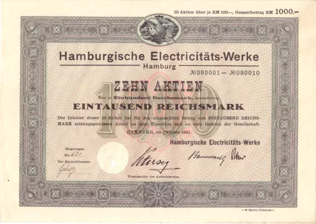 Hamburgische Electricitäts-Werke - Aktie über 1000 RM - Hamburg, im Oktober 1931