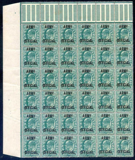 GB 1/2d Green KEV11 SG048 Army Official U/M Interpane Block 36