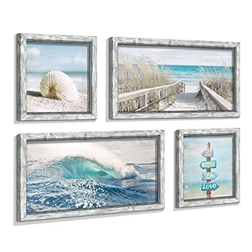 Ocean Wall Art Wooden Framed Beach Artwork Coastal Prints Set of 4 Seascape W...
