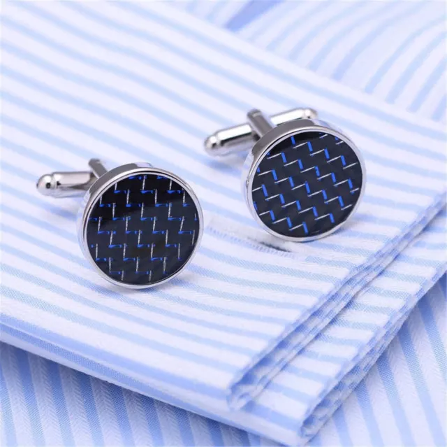 Luxury Round Blue Crystal Engraved Cufflinks Silver Cuff Link Mens Wedding Gift