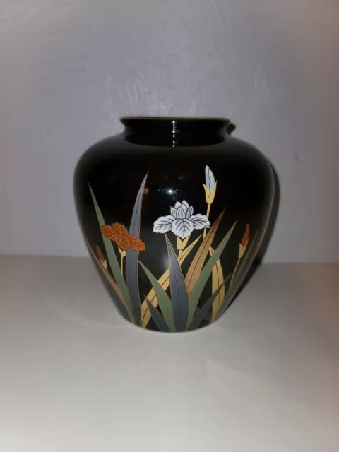 Vtg Otagiri Japan Porcelain Black w Red&White Iris Flowers Gold Trim/leaves 6in