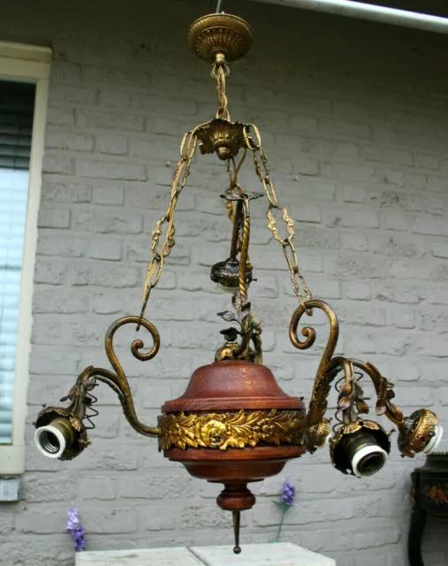 Antique French bronze wood chandelier porcelain flowers floral decor