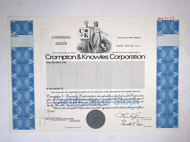 MA. Crompton & Knowles Corp., 1977. Specimen Stock Cert., XF-AU, S-C USBNC
