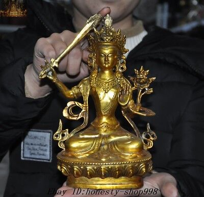 Old Tibet Buddhism Bronze gilt Hold Sword Wenshu Kwan-yin Goddess Buddha Statue
