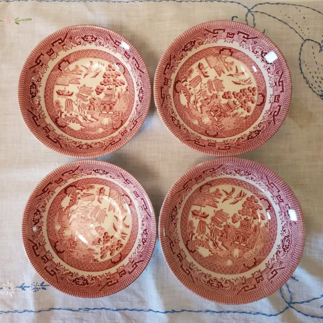 (4)  Churchill Red Willow Bowls  8” Made in England  Red Transferware