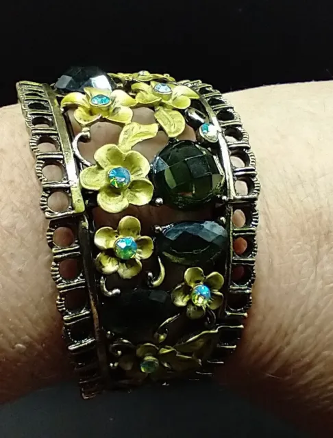 Vintage YUHONG Green Floral Rhinestone Butterfly CZ's Cuff Bracelet Art Nouveau