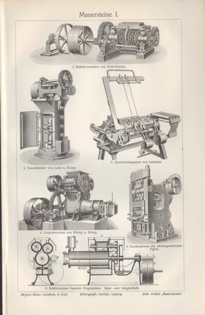 Lithografie 1906: Mauersteine. Ofen Kohle ZIEGELEI-TONWARENFABRIKATION Maschinen