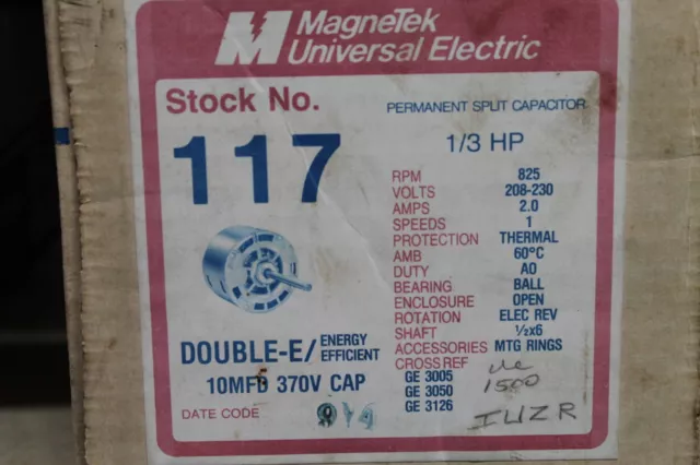 MagneTek Universal Electric Stock# 117 Motor 1/3HP - 208-230V - 825RPM