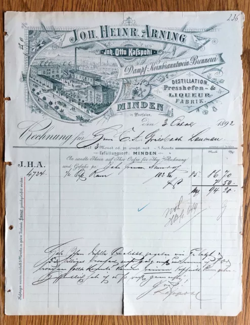 Rechnung von 1892 "Dampf-Kornbranntwein-Brennerei" Minden. Handgeschrieben.