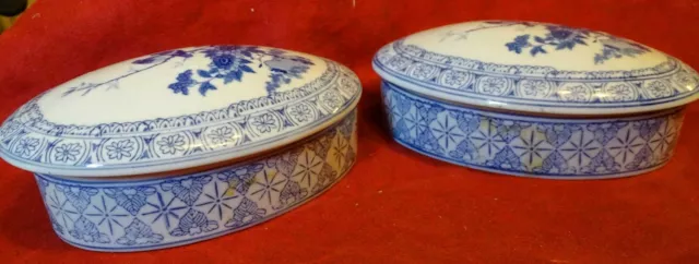 Blue and White Ceramic Oval Lidded Trinket Pots x 2