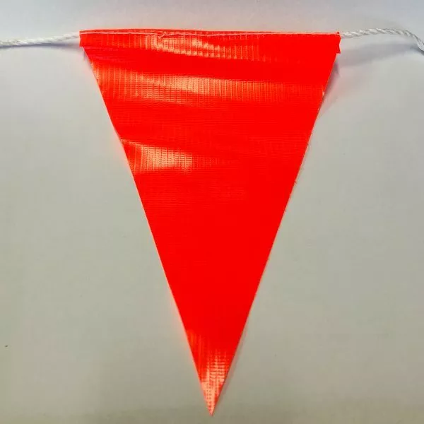 Orange Bunting Safety Flags 30M 5PK Triangle PVC Fabric on White Rope 18 x 22cm.