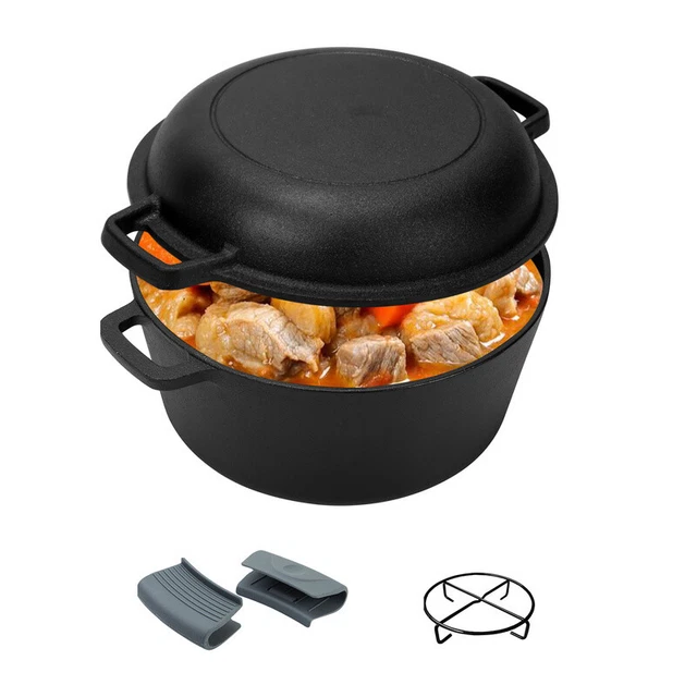 Dutch Oven Ca. 6,4L Classic Bräter Gusseisen Feuerkessel 2 in1-Deckel Kochtöpfe