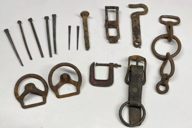 VINTAGE CAST IRON HORSE HARNESS LOT TACK BARN HOOK HARDWARE ANTIQUE Nails Spike