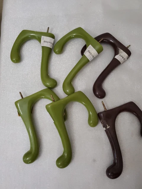 6 1970's Vintage 4" Coat Hook Hangers Green Brown Wall Mounted Screw-in