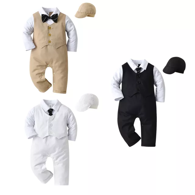 Baby Jungen Gentleman Anzug Overall Langarm Fliege Strampler mit Hut Party Anzug