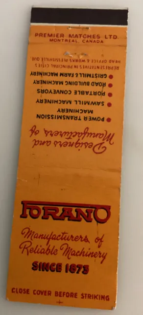 Vintage Premier Matchbook Cover Forano Machinery Montreal Quebec Canada Industr