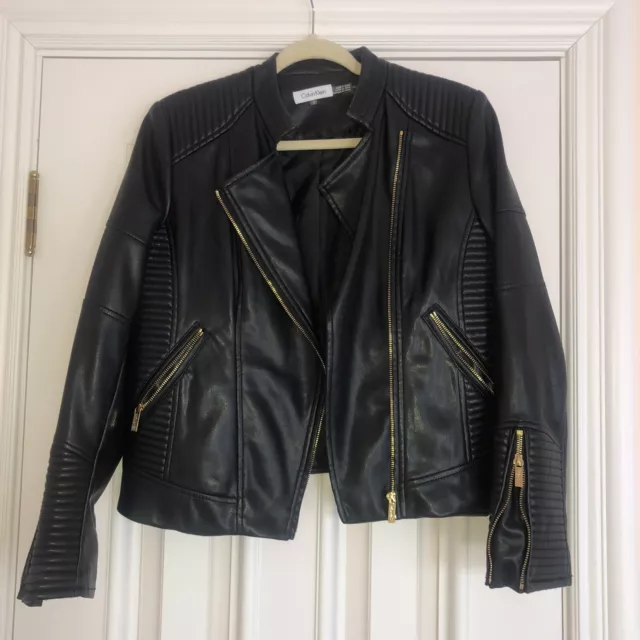 Calvin Klein Black Faux Leather Jacket With Gold Accents Size Medium