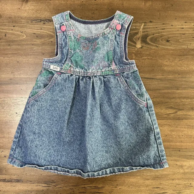 VTG Lee Girls Baby Denim Dress Made in USA 100% Cotton Floral Pink Toddler Sz 3T