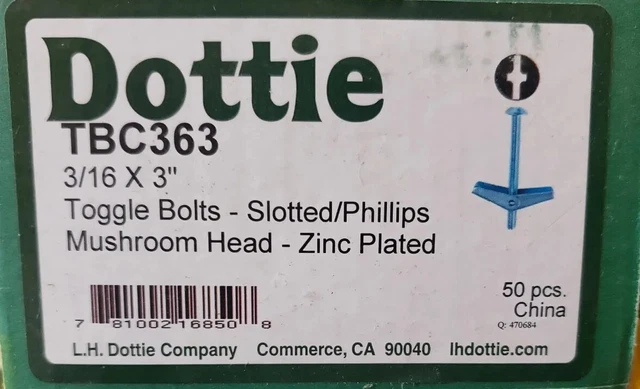 (50 Pack) 3/16" x 3" TOGGLE BOLT Mushroom Head-Spring Dottie TBC363
