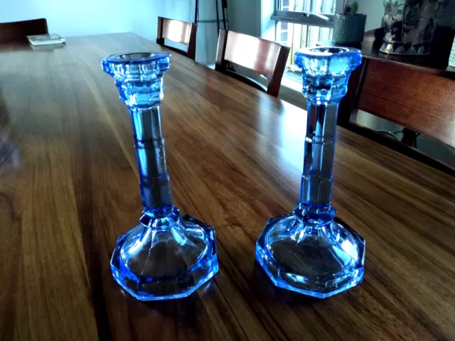 Vintage Depression Blue Glass Art Deco Candlesticks Candle Sticks