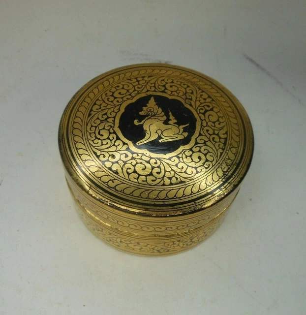 Burmese Round Lacquered Box Black Gold Gilt Lacquer Singha Lion Motif 3