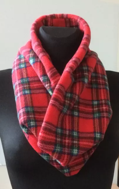 handmade thick polar fleece red tartan scarf, cowl, infinity snood, neck warmer